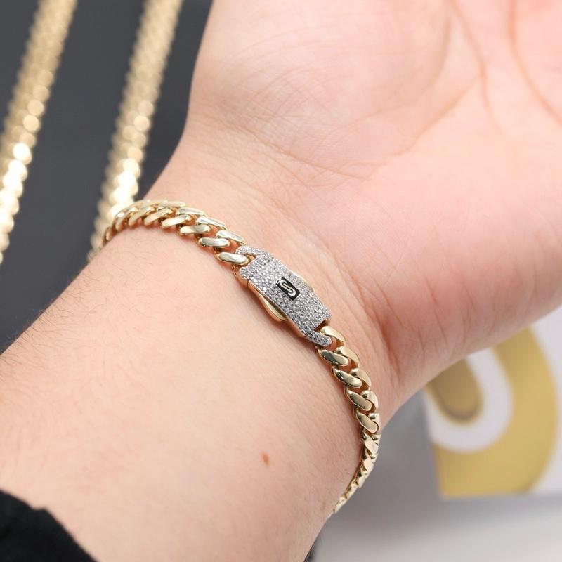 14KT GOLD 6.5 MONACO CHAIN CLASSIC BRACELET CERTFIED - PAVE LOCK