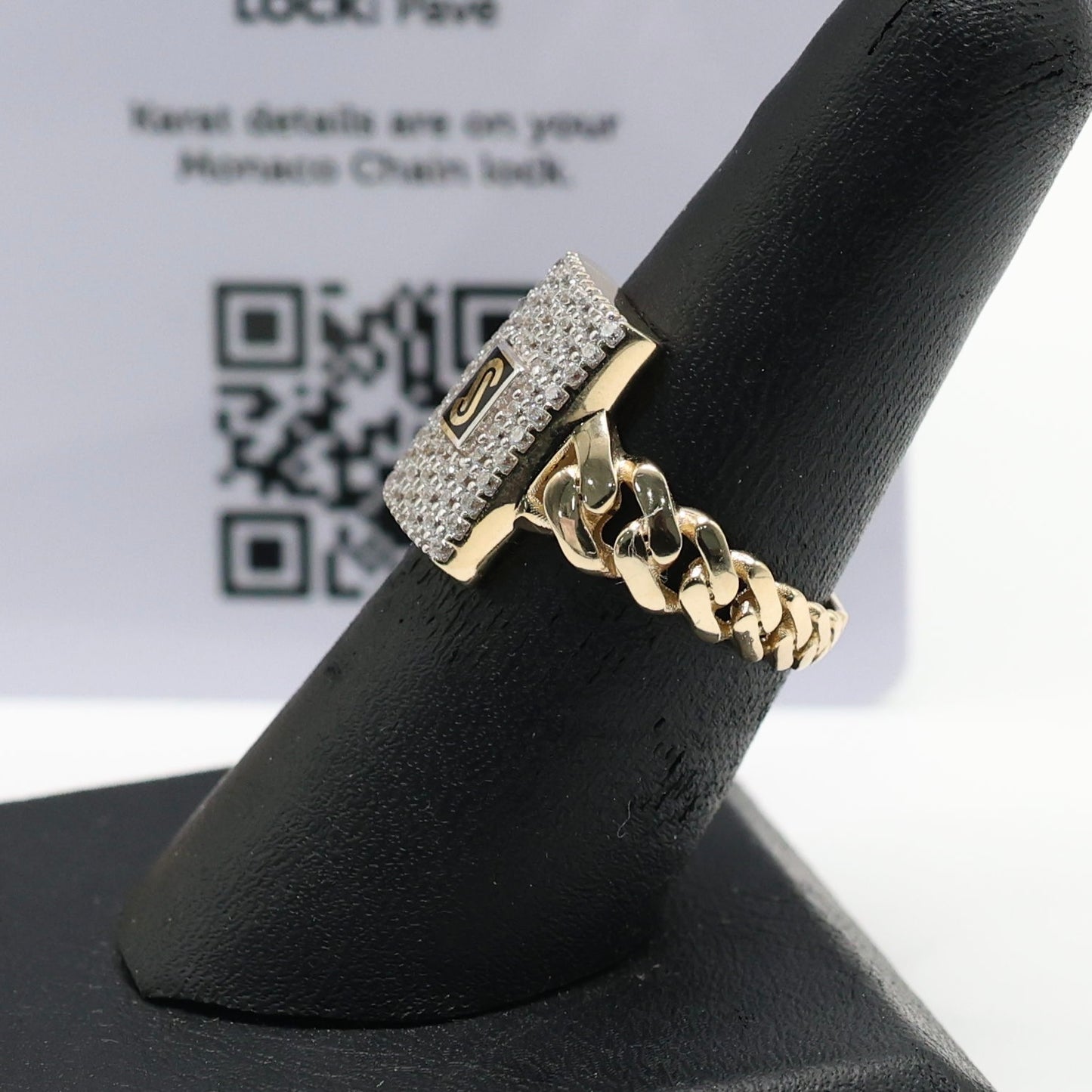 14KT GOLD MONACO CHAIN CLASSIC RING CERTIFIED - PAVE STYLE