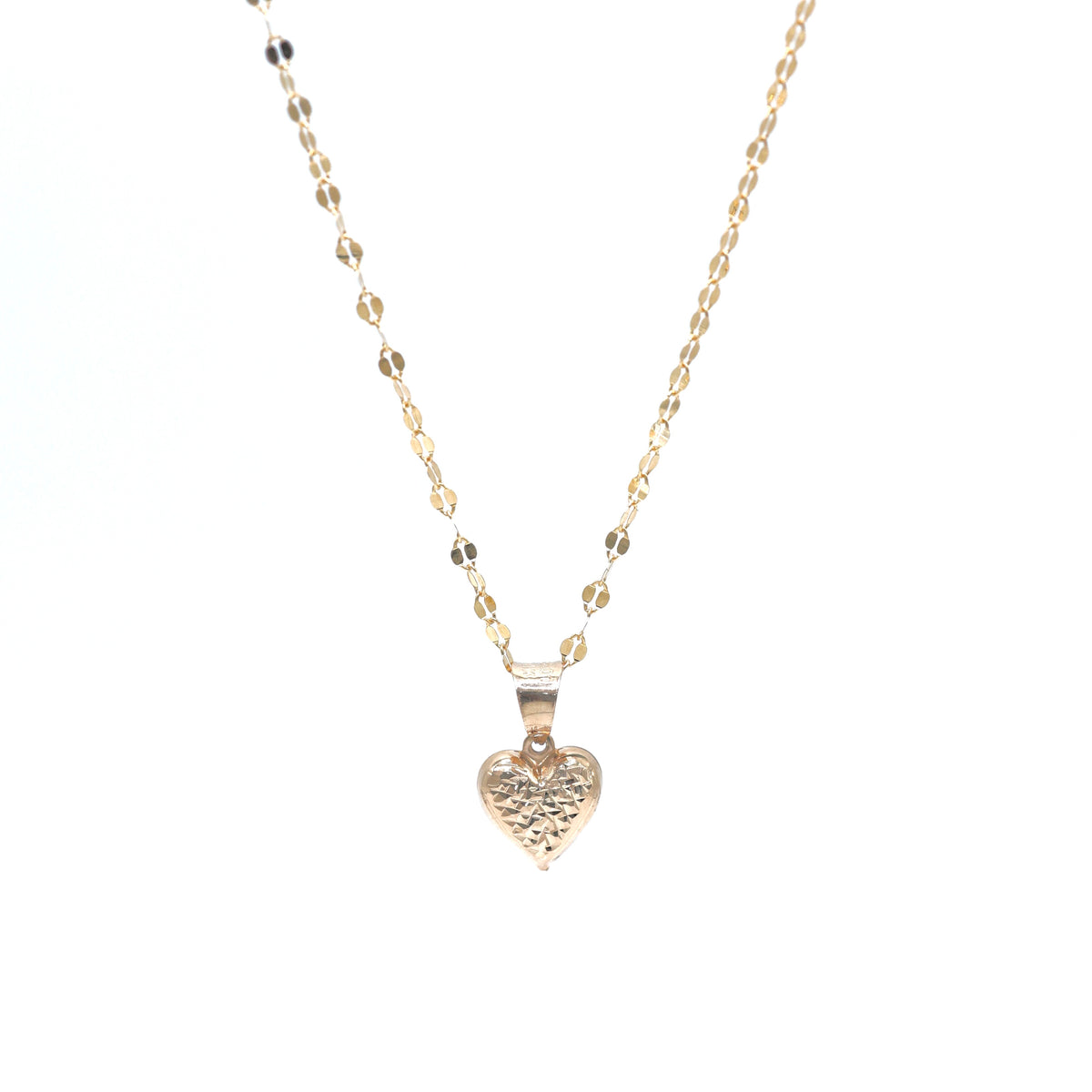 14KT GOLD 3D HEART WITH MIRROR CHAIN SEMISOLID 18" DAINTY 2MM