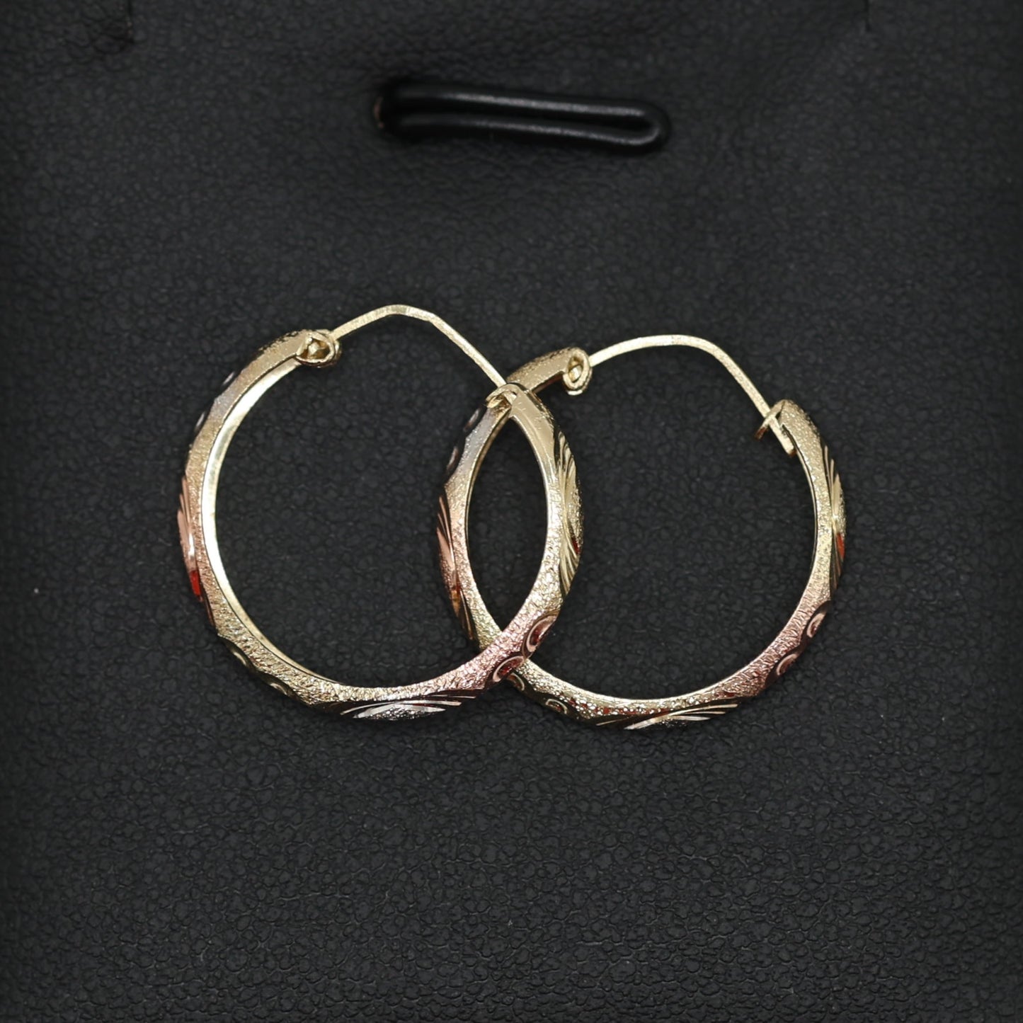 14KT GOLD 3 TONE HEART ENGRAVED HOOPS WITH TEXTURE - 2 SIZES