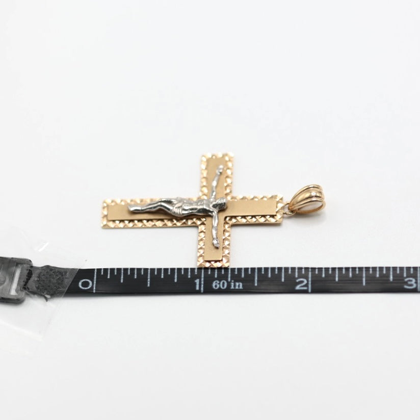 14KT GOLD 2 TONE CROSS CRUCIFIX PENDANT - INTRICATE BORDER
