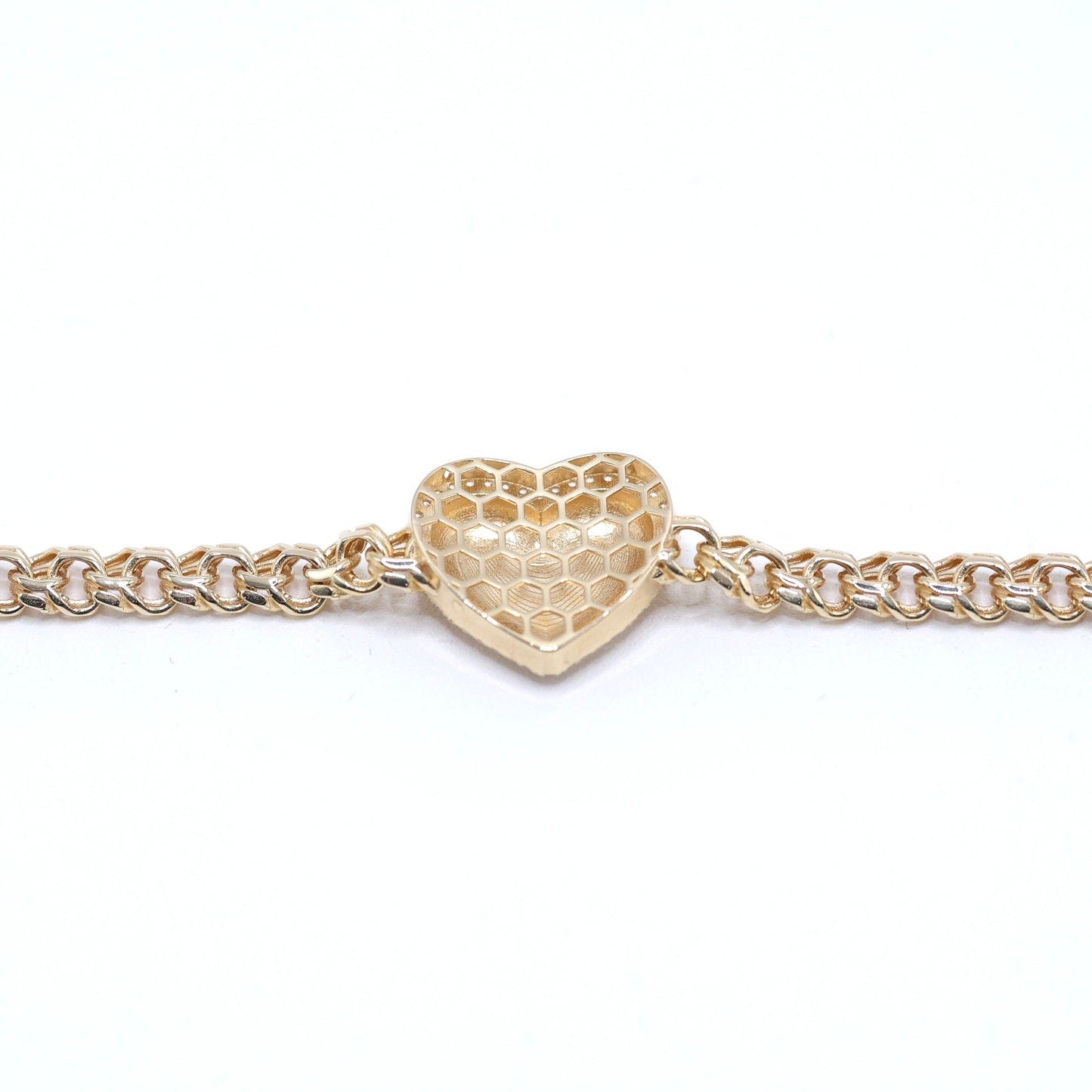 14KT GOLD HEART CHINO LINK BRACELET 5MM WITH CZ OUTLINE SEMISOLID - SIZE 7.5