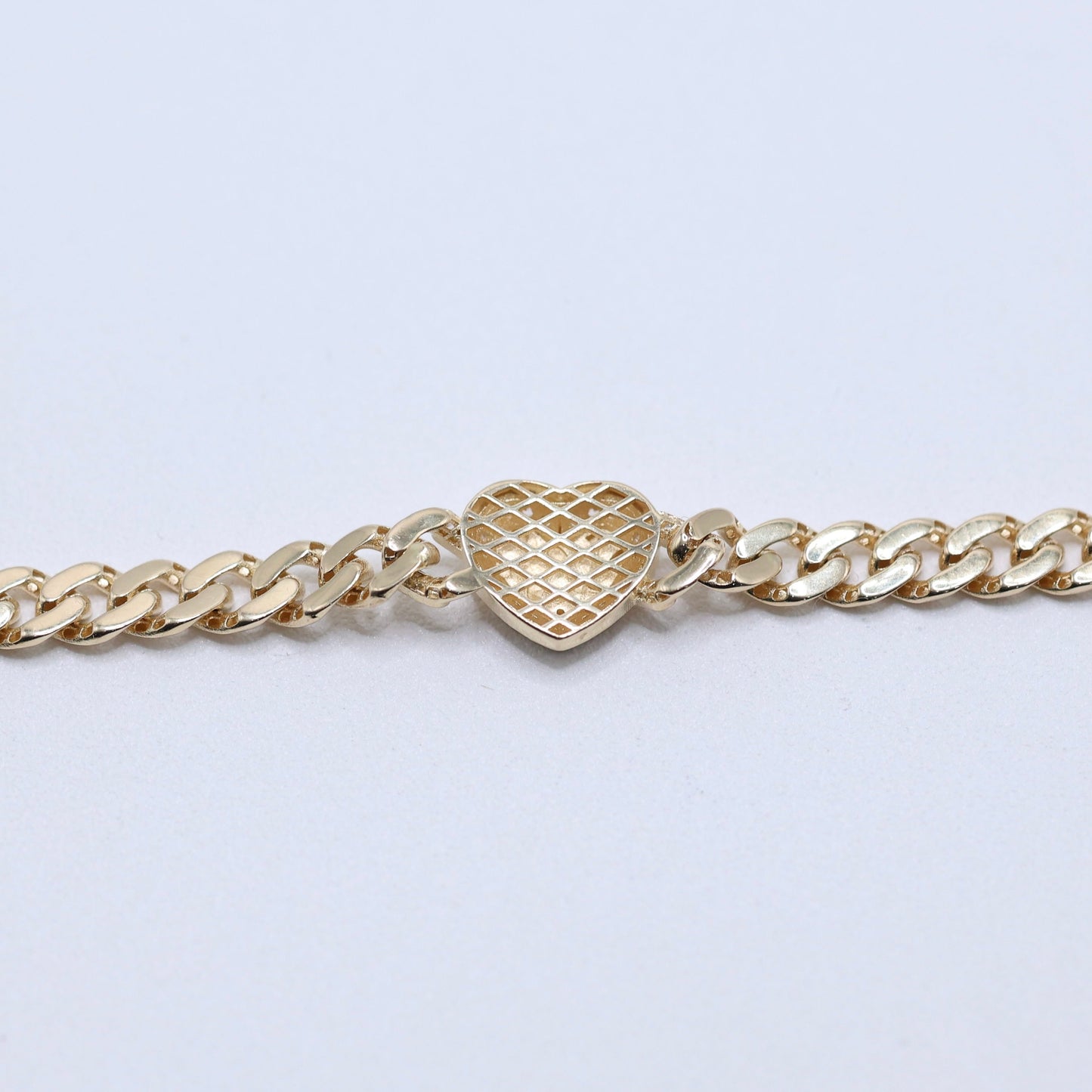 14KT GOLD NUGGET HEART WITH C OUTLINE CUBAN LINK 4.5MM BRACELET SEMISOLID - SZ 7
