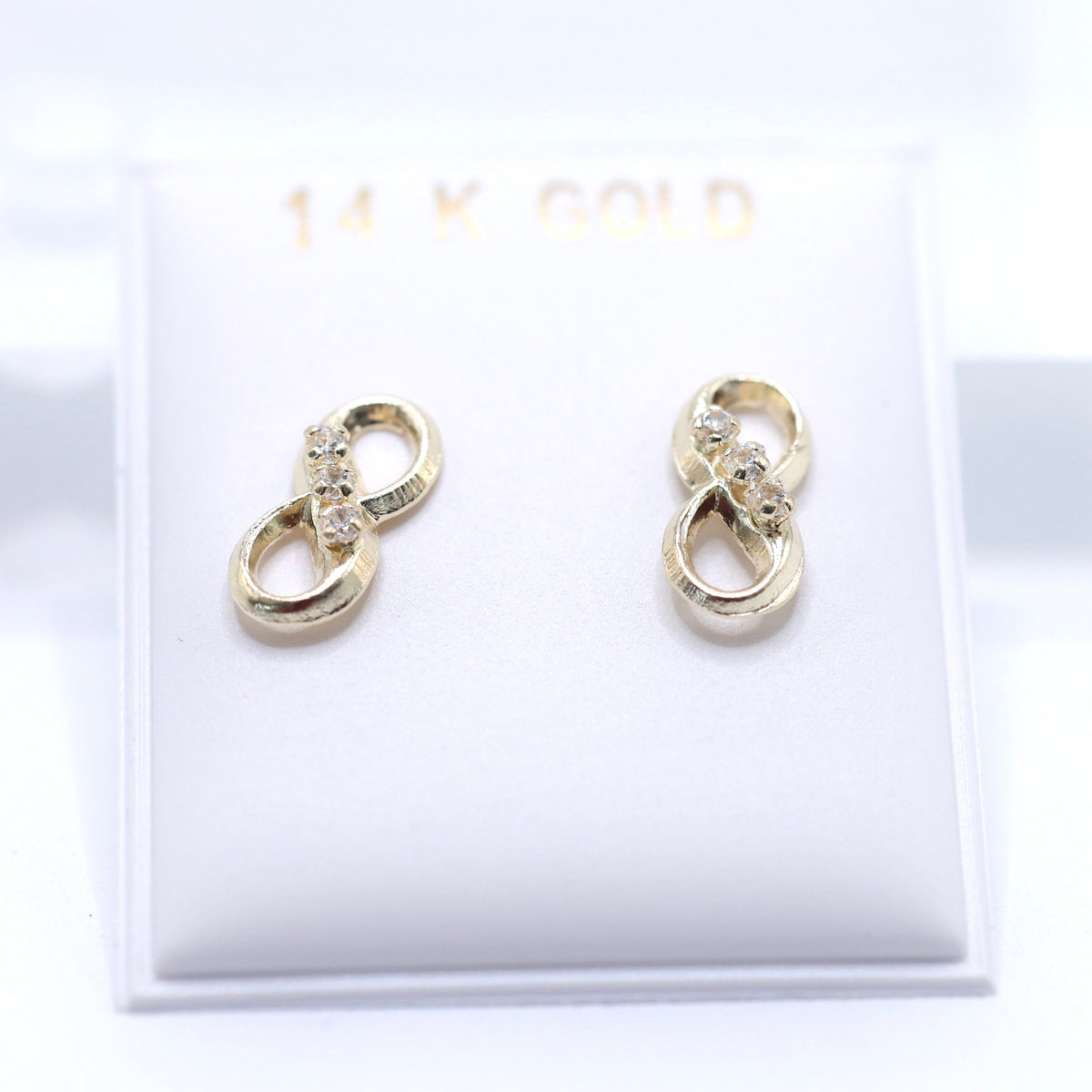 14KT GOLD INFINITY 3 STONE CZ STUD EARRINGS