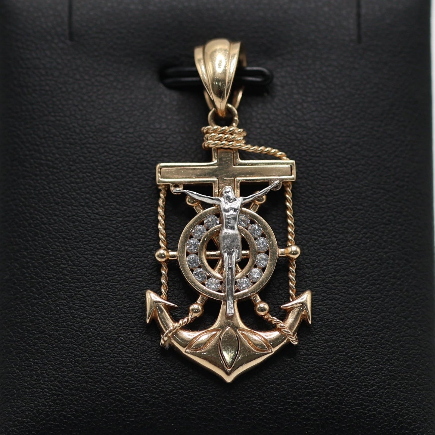 14KT GOLD ANCHOR CROSS PEDANT WITH CRUCIFIX AND ROPE
