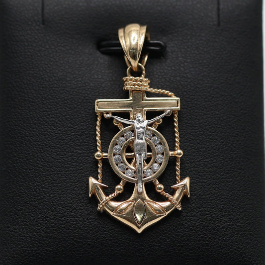 14KT GOLD ANCHOR CROSS PEDANT WITH CRUCIFIX AND ROPE