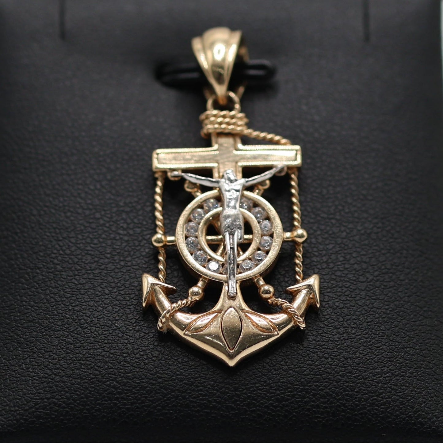 14KT GOLD ANCHOR CROSS PEDANT WITH CRUCIFIX AND ROPE