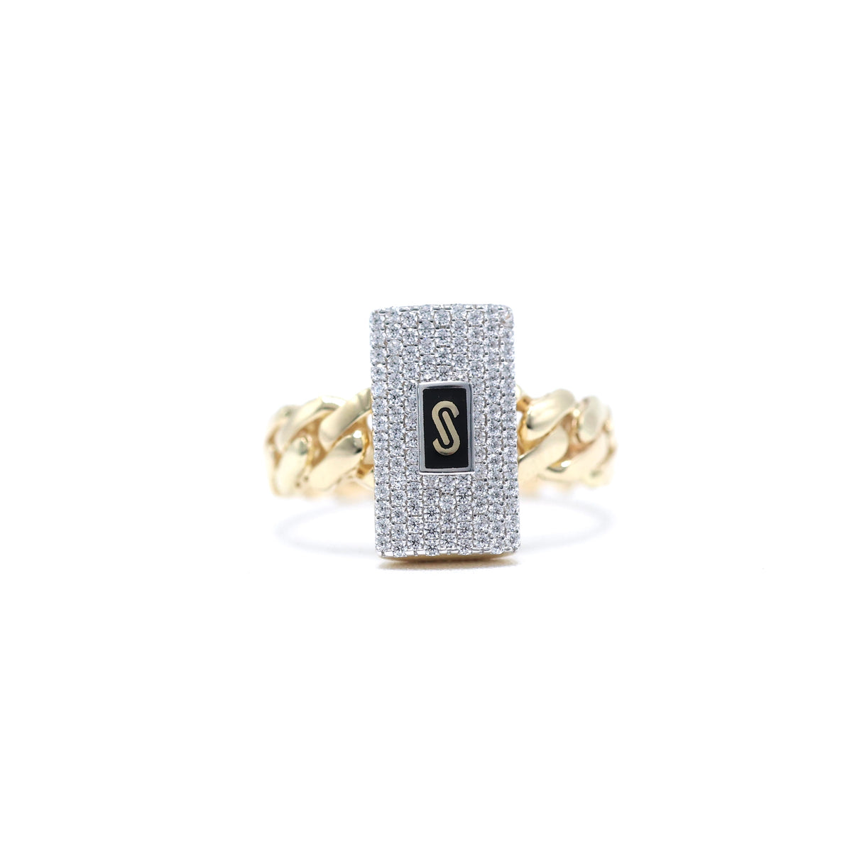 14KT GOLD MONACO CHAIN CLASSIC RING CERTIFIED - PAVE STYLE