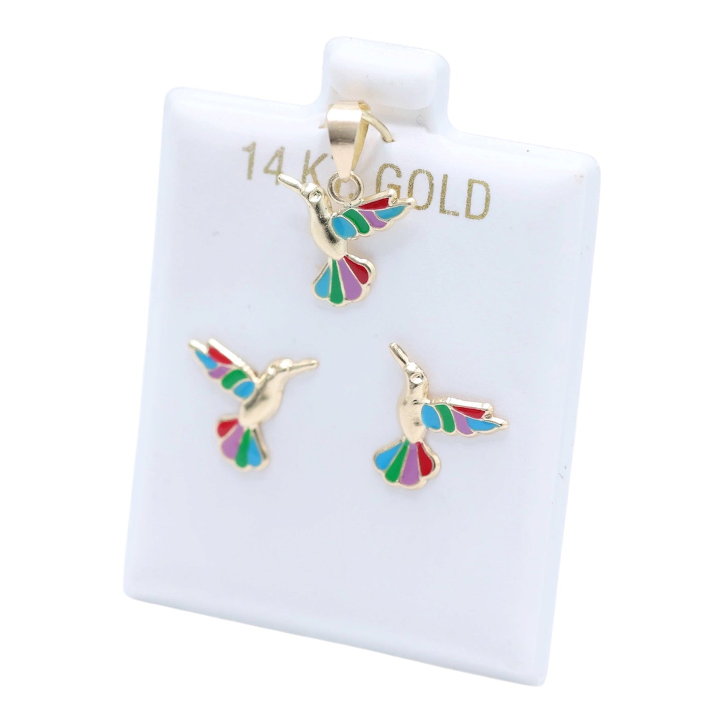 14KT GOLD COLORFUL HUMMING BIRD 2 PIECE JEWELRY SET - PENDANT & EARRINGS
