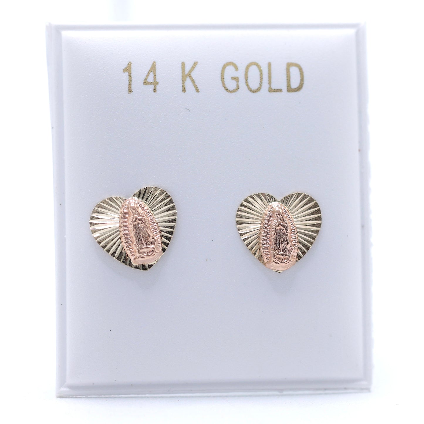 14KT GOLD 2 TONE HEART VIRGEN DE GUADALUPE STUD EARRINGS