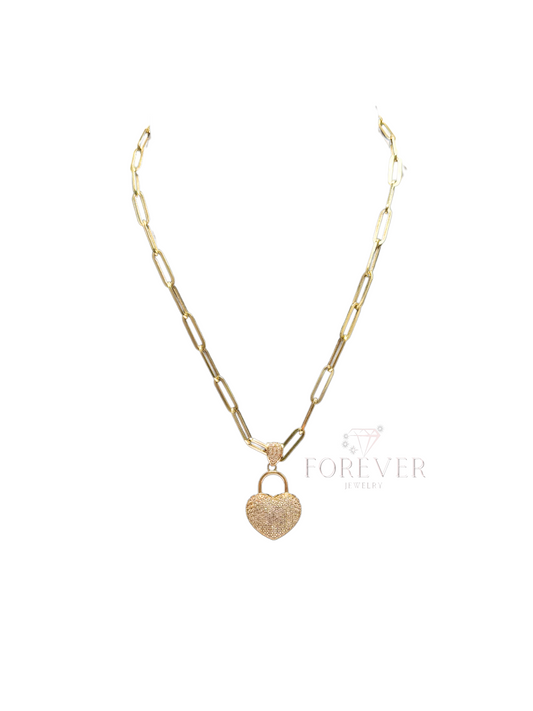 14KT GOLD 16” PAPERCLIP CHAIN SET WITH HEART LOCK PENDANT