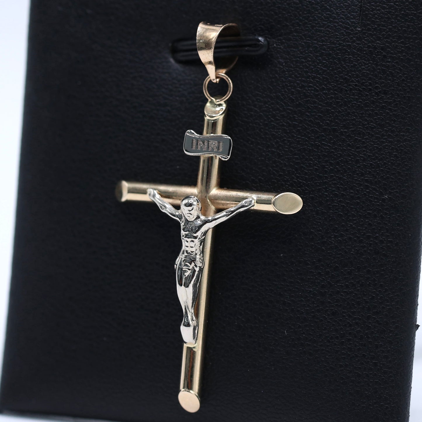 14KT GOLD CRUCIFIX 2 TONE PENDANT - 41MM SEMISOLID