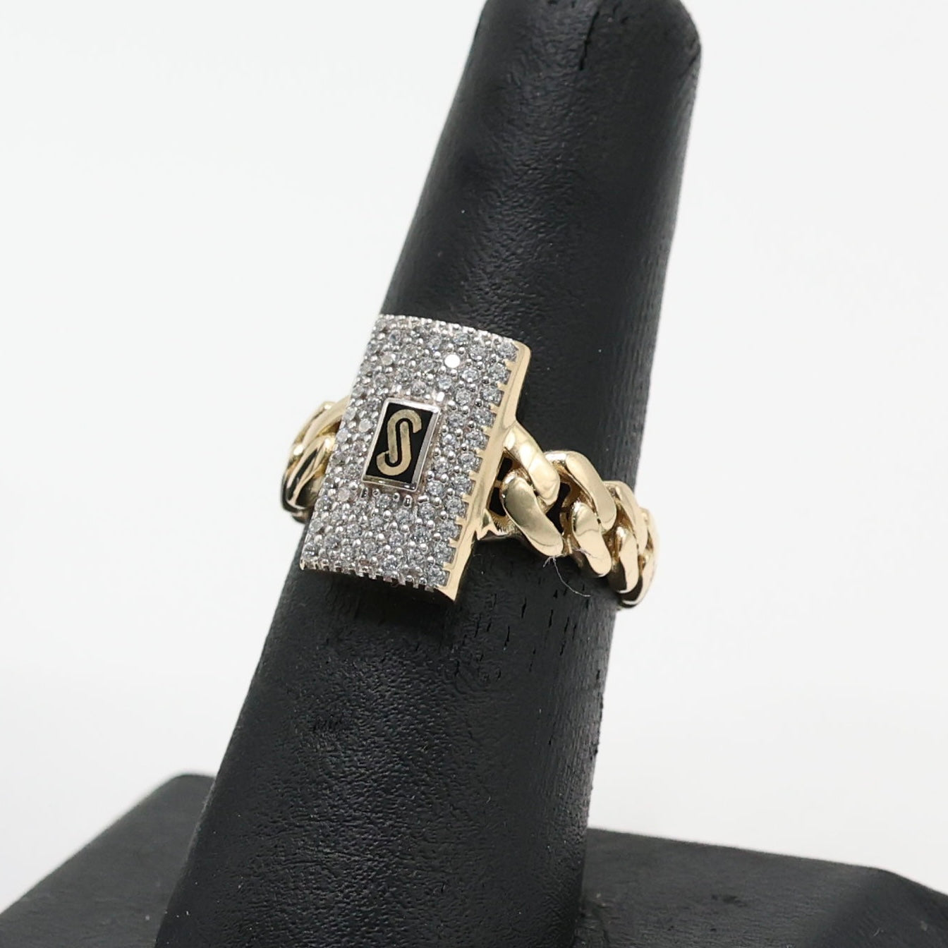 14KT GOLD MONACO CHAIN CLASSIC RING CERTIFIED - PAVE STYLE