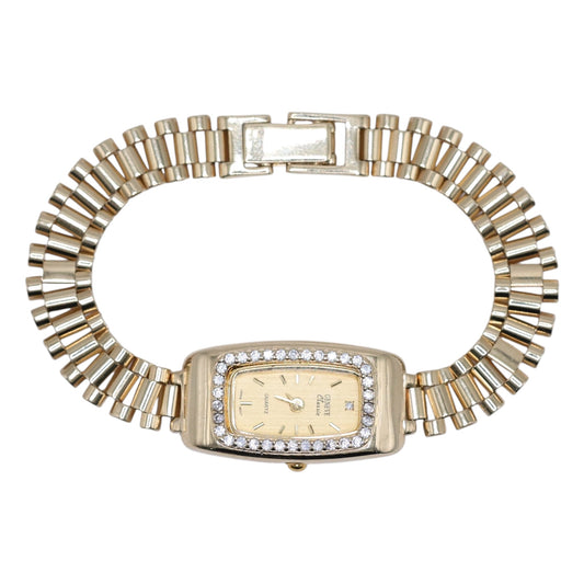 14KT GOLD CUBIC ZIRCONIA STONE LADIES WATCH RIBBED FLEX BAND - SIZE 7