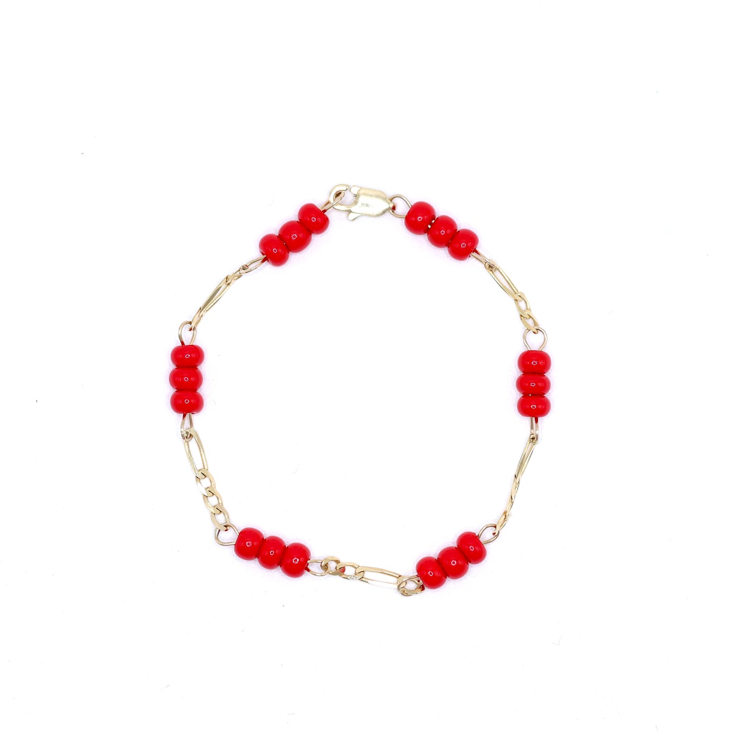 14KT GOLD BABY RED PROTECTION BRACELET - SIZE 6 FIGARO CHAIN