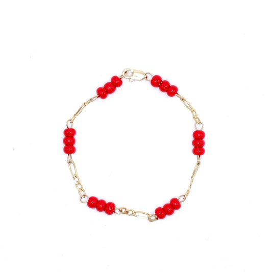 14KT GOLD BABY RED PROTECTION BRACELET - SIZE 6 FIGARO CHAIN