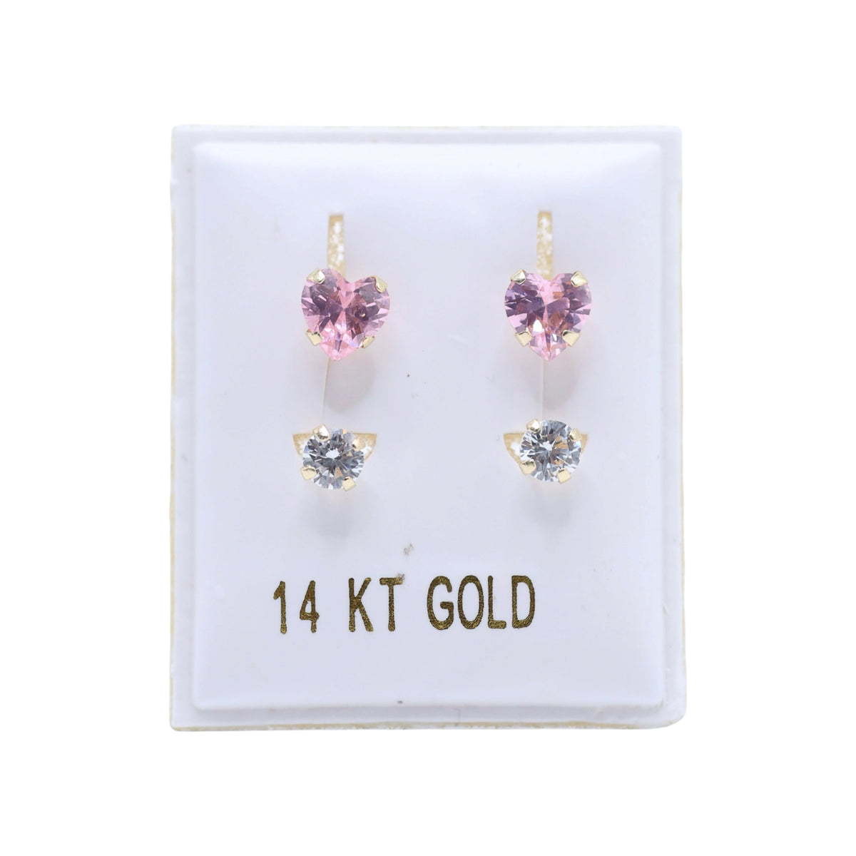 14KT GOLD PINK HEART & ROUND WHITE TELEPHONE EARRINGS