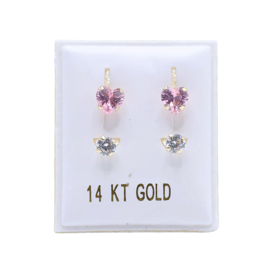 14KT GOLD PINK HEART & ROUND WHITE TELEPHONE EARRINGS