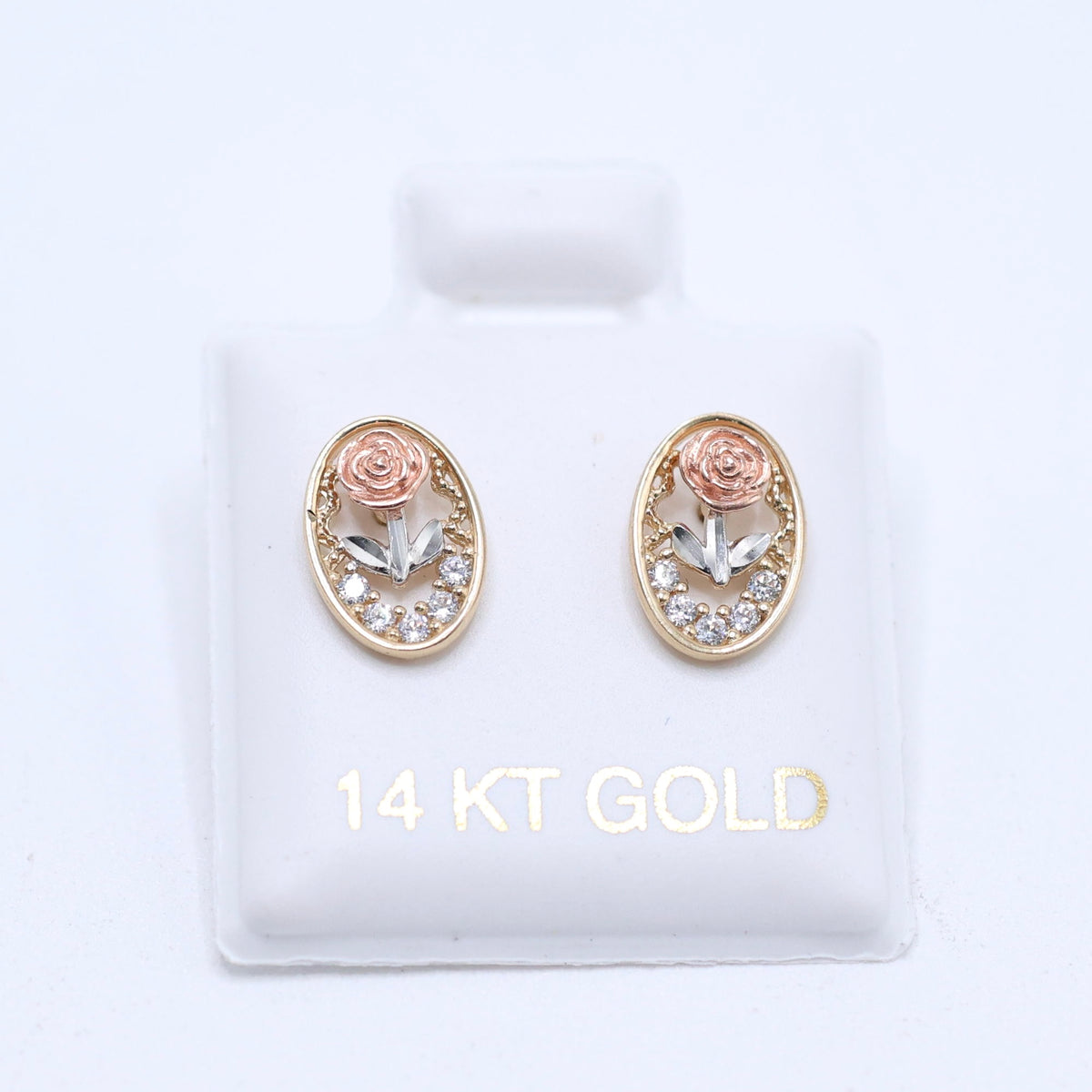 14KT GOLD 3 TONE OVAL ROSE EARRING WITH CZ STONES