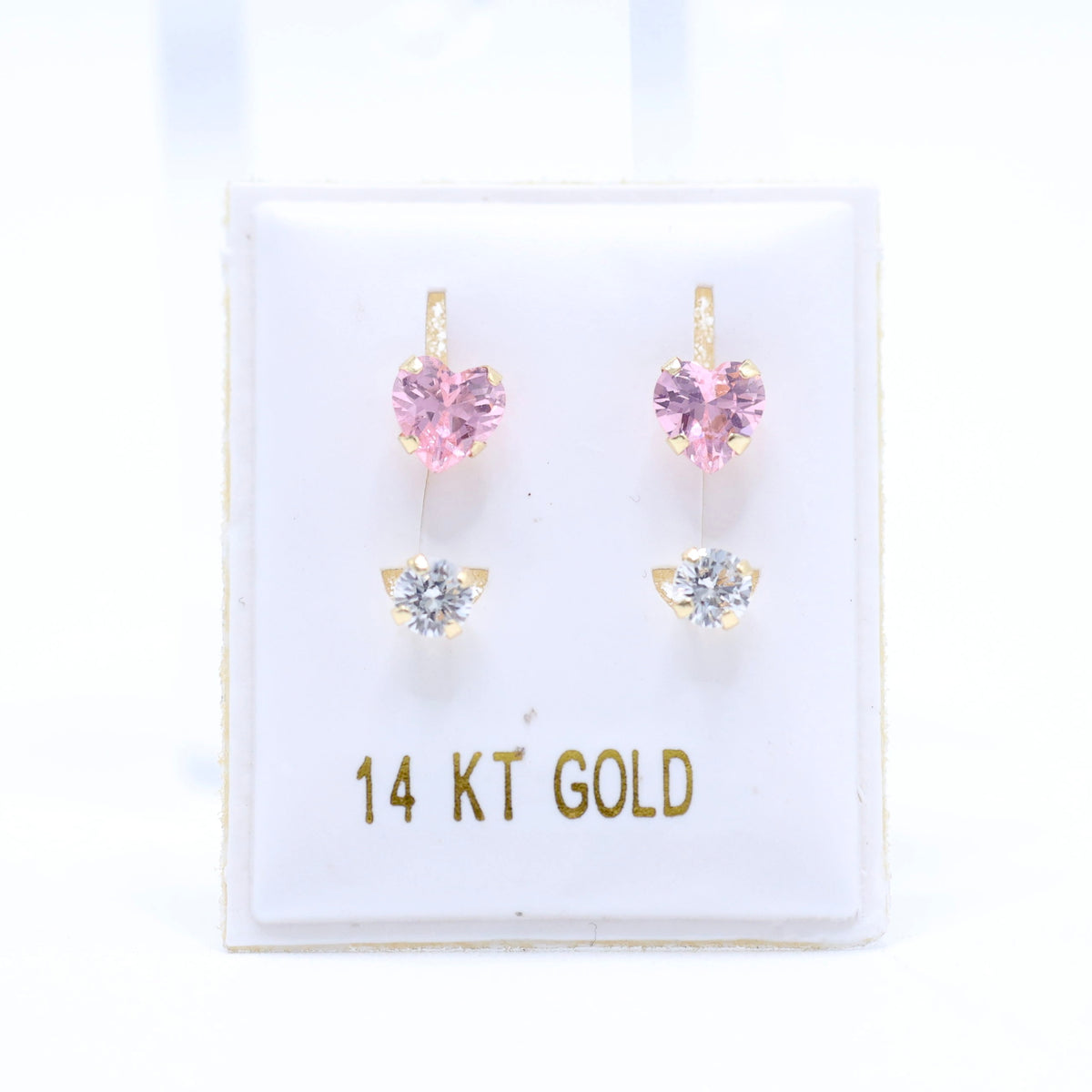14KT GOLD PINK HEART & ROUND WHITE TELEPHONE EARRINGS