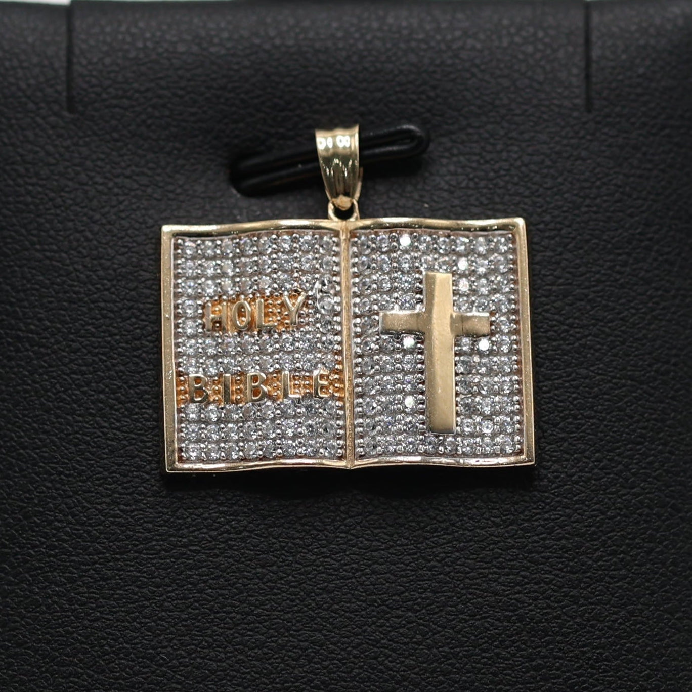 14KT GOLD HOLY BIBLE PENDANT WITH CROSS DESIGN - ICED OUT CUBIC ZIRCONIA