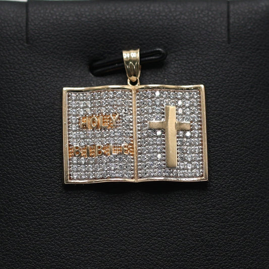 14KT GOLD HOLY BIBLE PENDANT WITH CROSS DESIGN - ICED OUT CUBIC ZIRCONIA