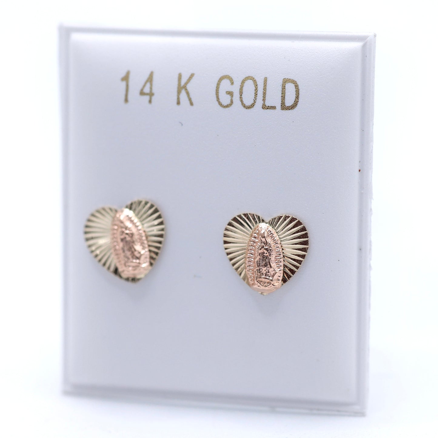 14KT GOLD 2 TONE HEART VIRGEN DE GUADALUPE STUD EARRINGS