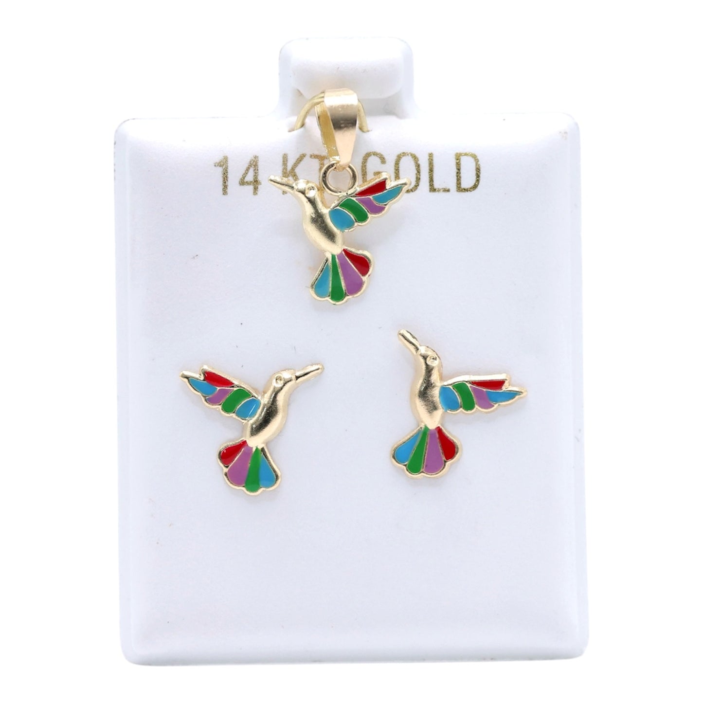 14KT GOLD COLORFUL HUMMING BIRD 2 PIECE JEWELRY SET - PENDANT & EARRINGS
