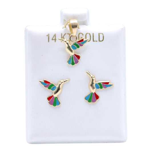 14KT GOLD COLORFUL HUMMING BIRD 2 PIECE JEWELRY SET - PENDANT & EARRINGS