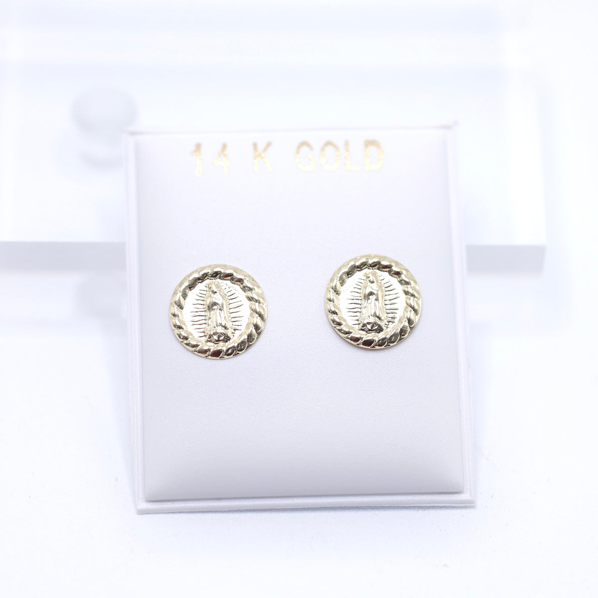 14KT GOLD ROUND VIRGENCITA WITH ROPE BORDER STUD EARRINGS