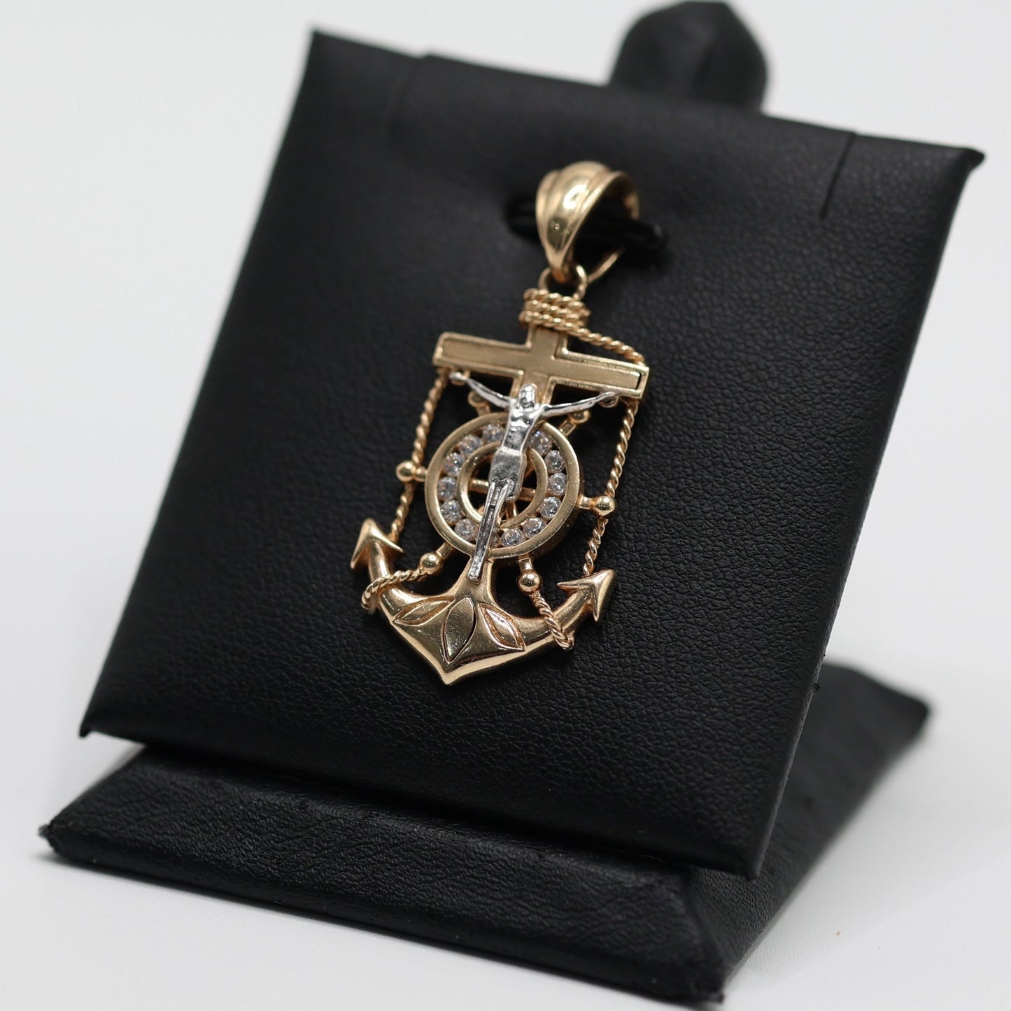 14KT GOLD ANCHOR CROSS PEDANT WITH CRUCIFIX AND ROPE