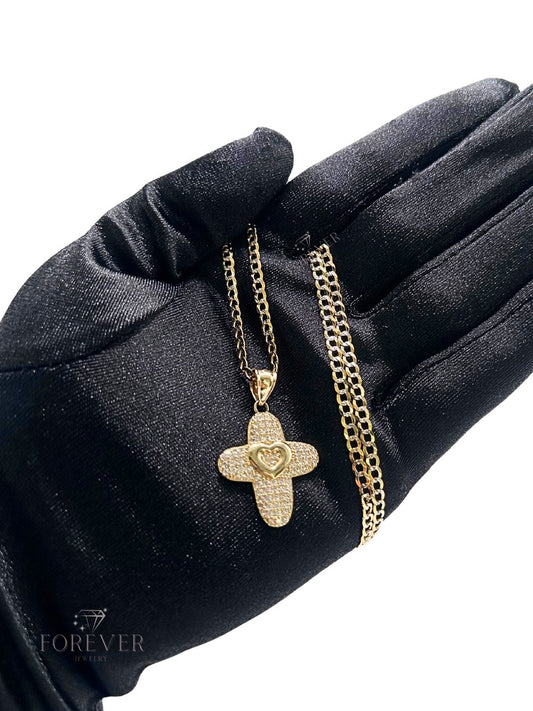 14K CROSS  PENDANT W/ CUBAN CHAIN