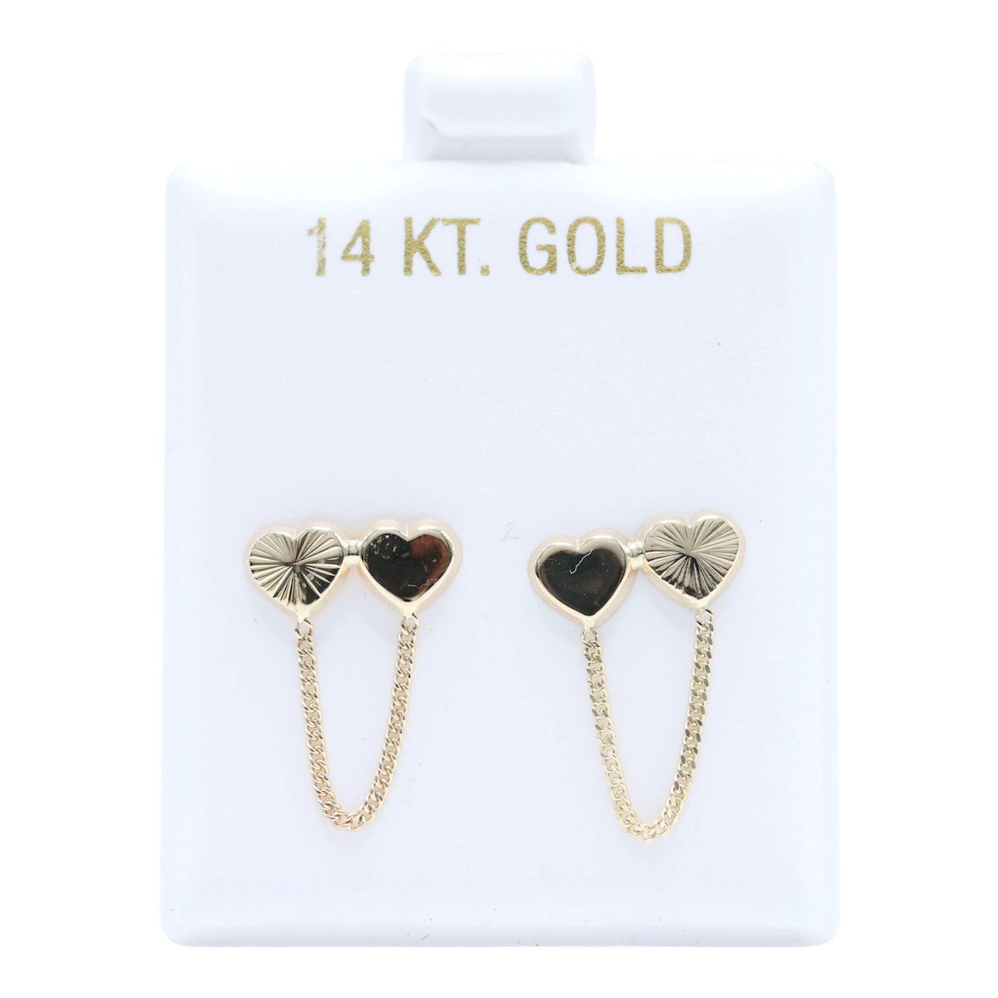 14KT GOLD DOUBLE HEART CHAIN EARRINGS - SLEEK & SIMPLE HEART DUO, SCREW ON BALL BACK