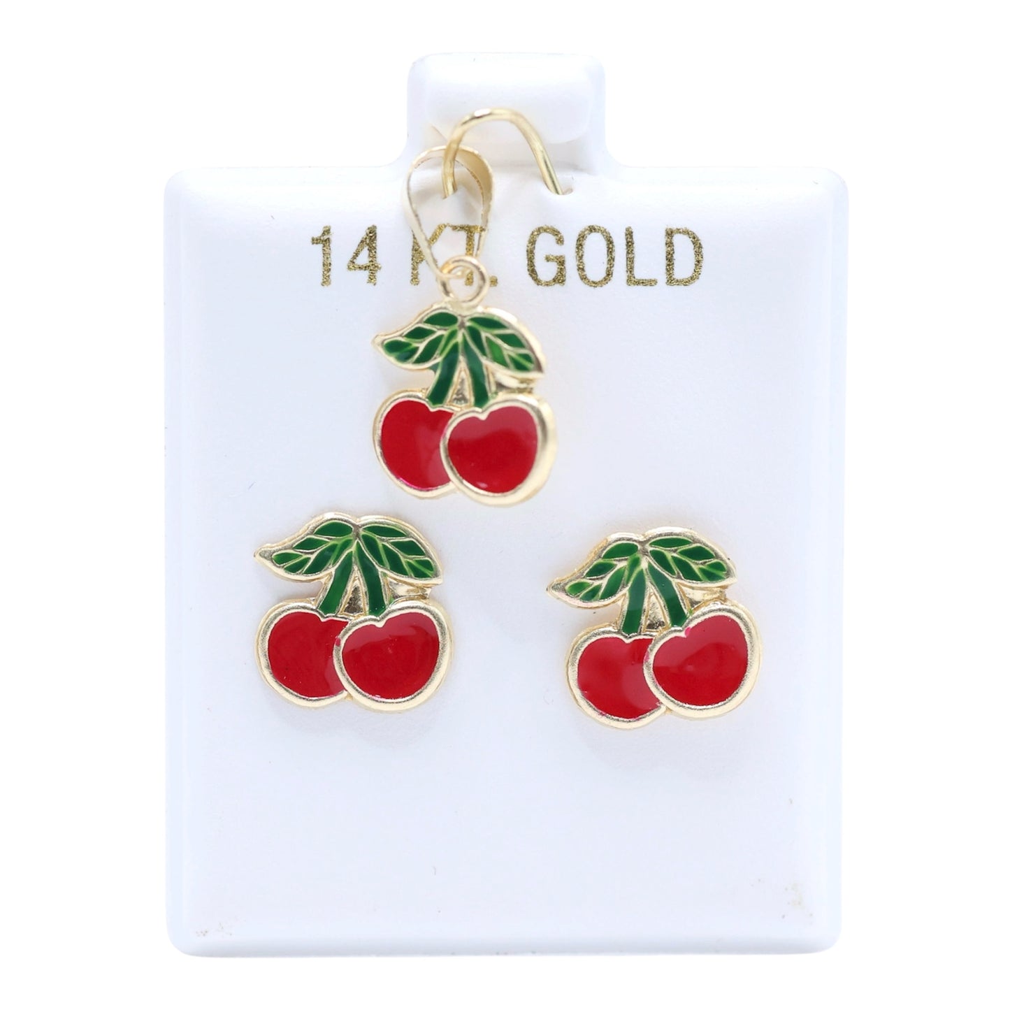 14KT GOLD RED CHERRY DUO 2 PIECE JEWELRY SET - PENDANT AND SCREW ON EARRINGS