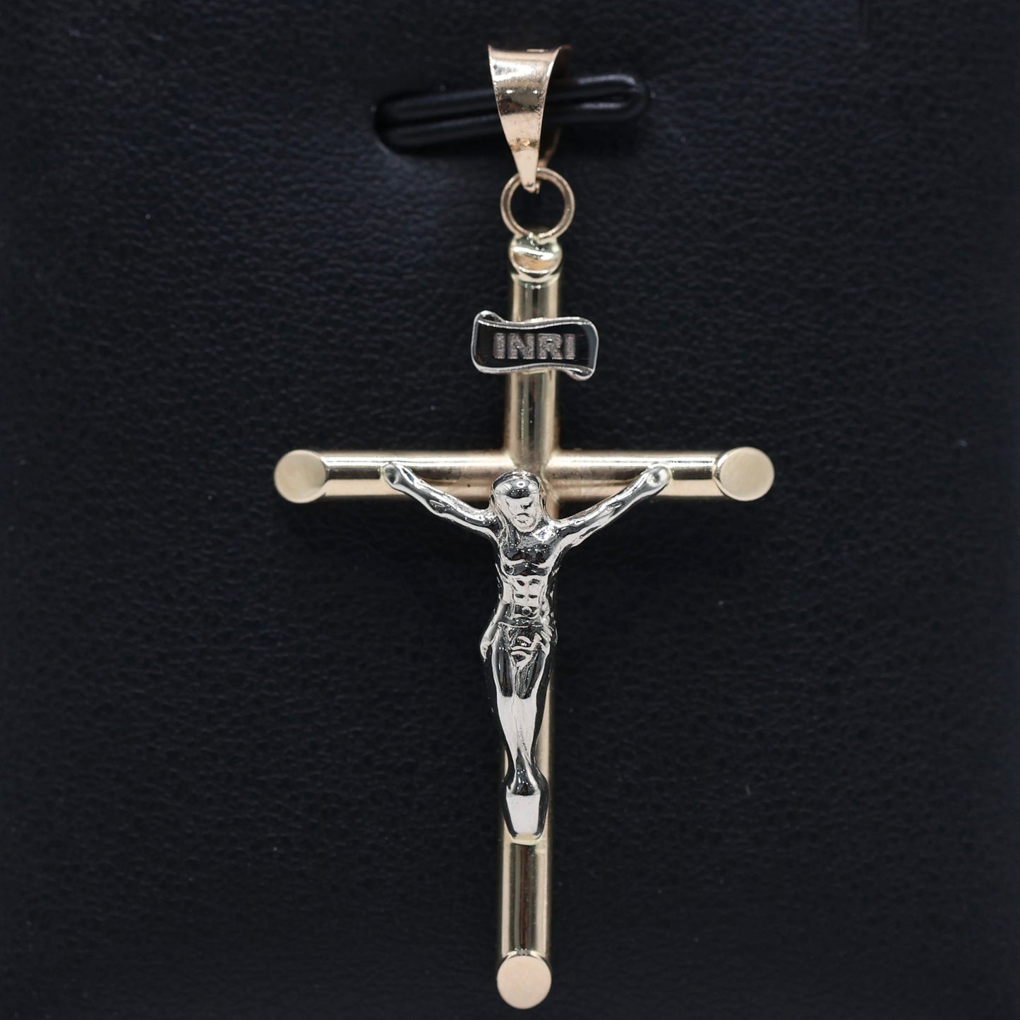 14KT GOLD CRUCIFIX 2 TONE PENDANT - 41MM SEMISOLID