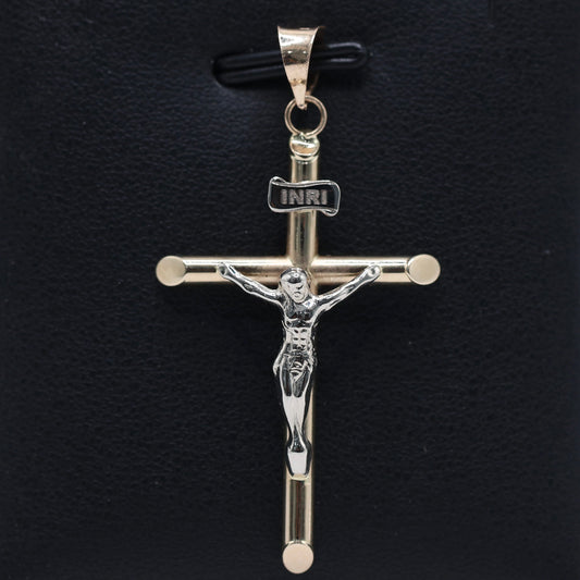 14KT GOLD CRUCIFIX 2 TONE PENDANT - 41MM SEMISOLID