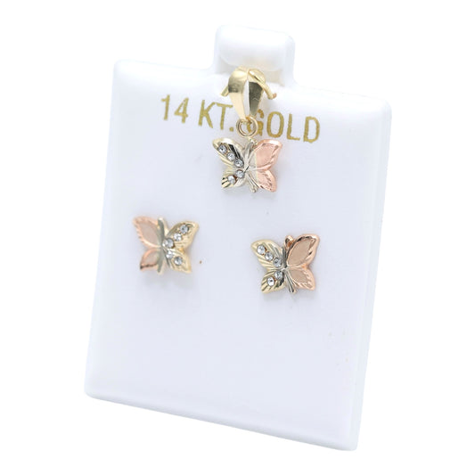 14KT GOLD 3 TONE CZ BUTTERLY 2 PIECE JEWELRY SET - PENDANT & EARRINGS