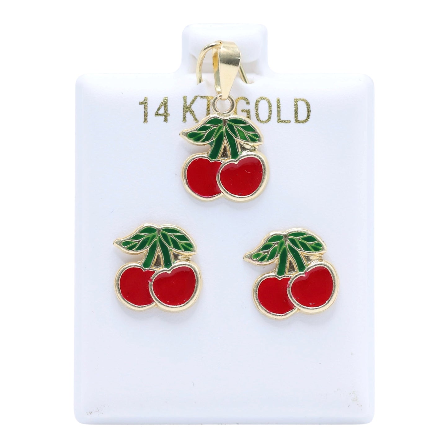 14KT GOLD RED CHERRY DUO 2 PIECE JEWELRY SET - PENDANT AND SCREW ON EARRINGS