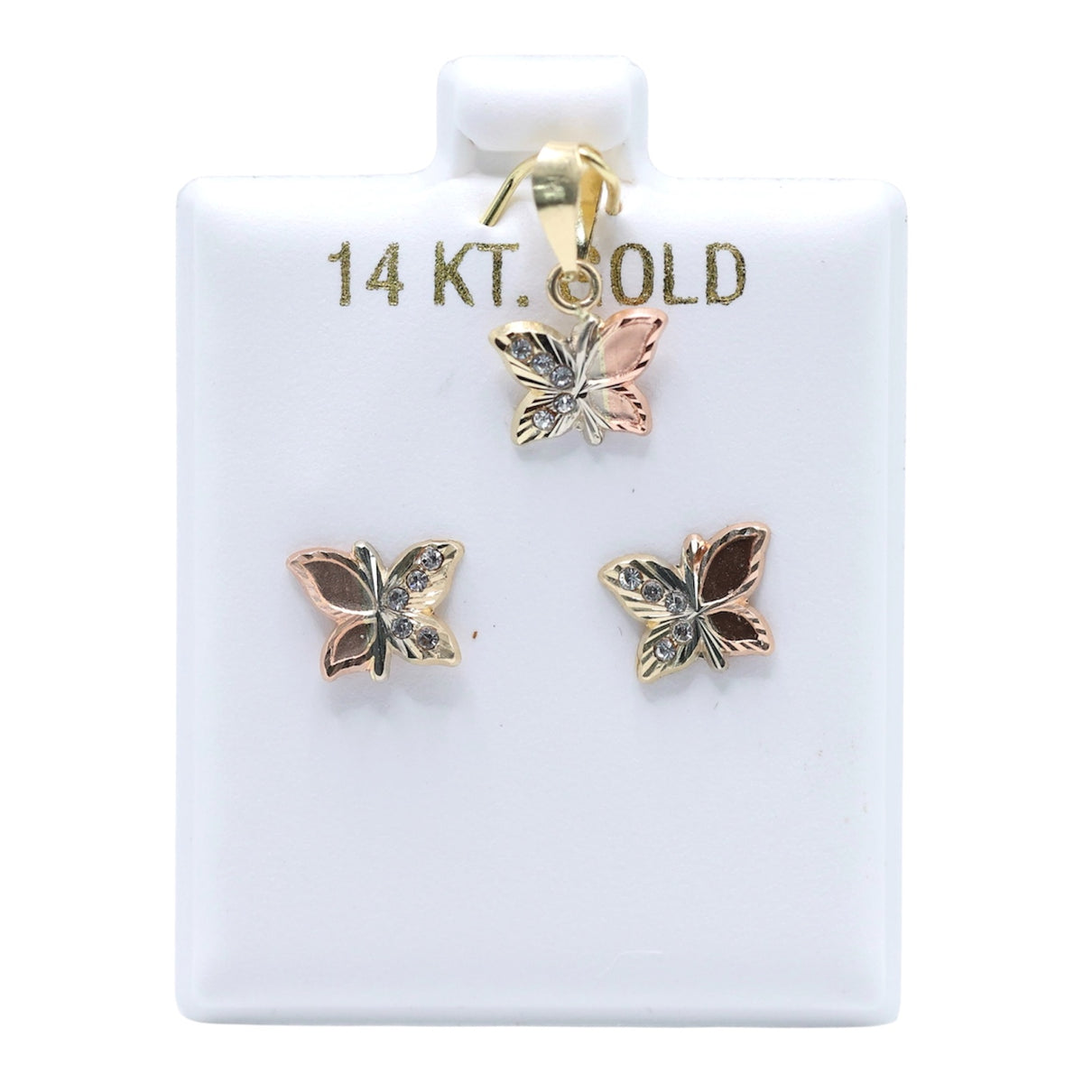 14KT GOLD 3 TONE CZ BUTTERLY 2 PIECE JEWELRY SET - PENDANT & EARRINGS