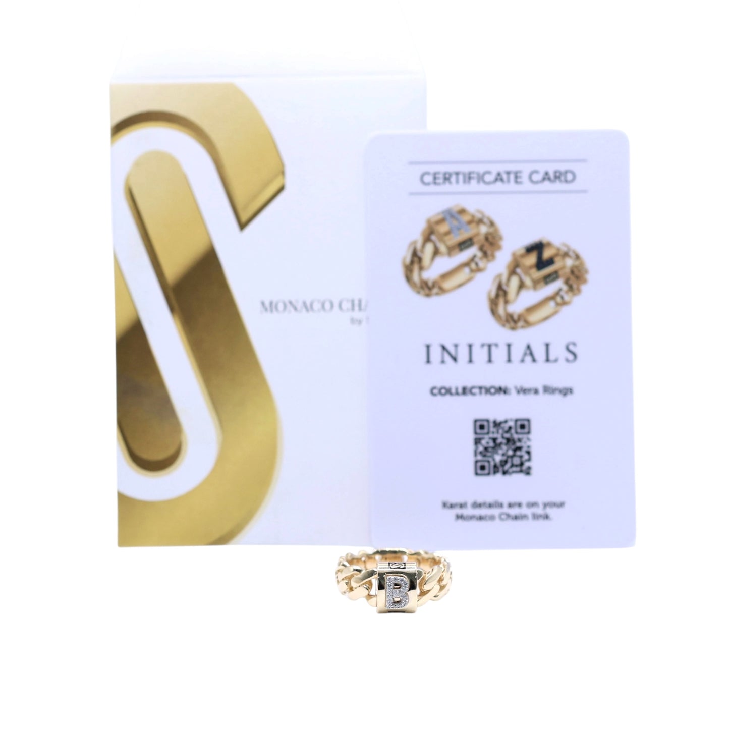 14KT GOLD MONACO CHAIN INITIAL VERA RING - CERTIFIED LETTERS A-Z
