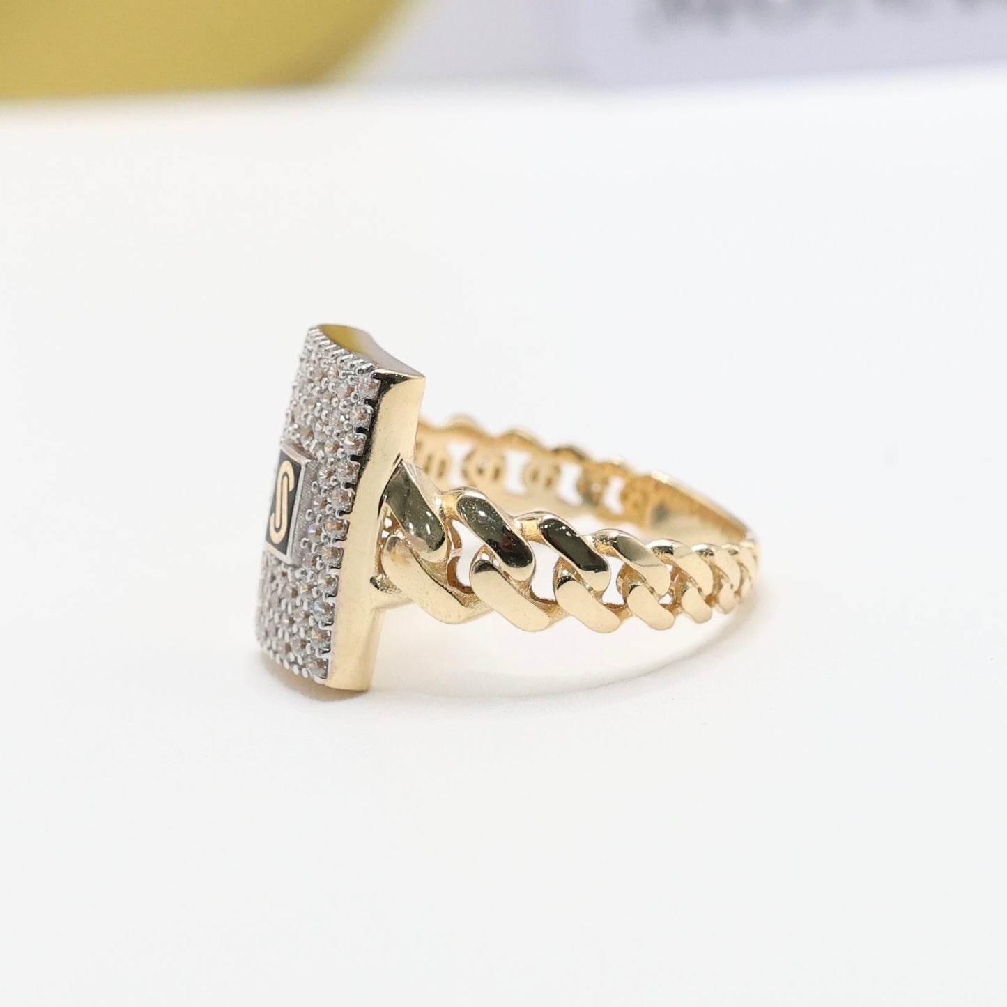 14KT GOLD MONACO CHAIN CLASSIC RING CERTIFIED - PAVE STYLE