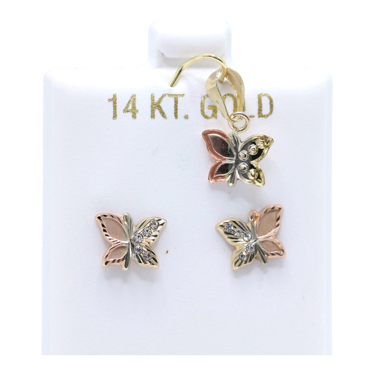 14KT GOLD 3 TONE CZ BUTTERLY 2 PIECE JEWELRY SET - PENDANT & EARRINGS