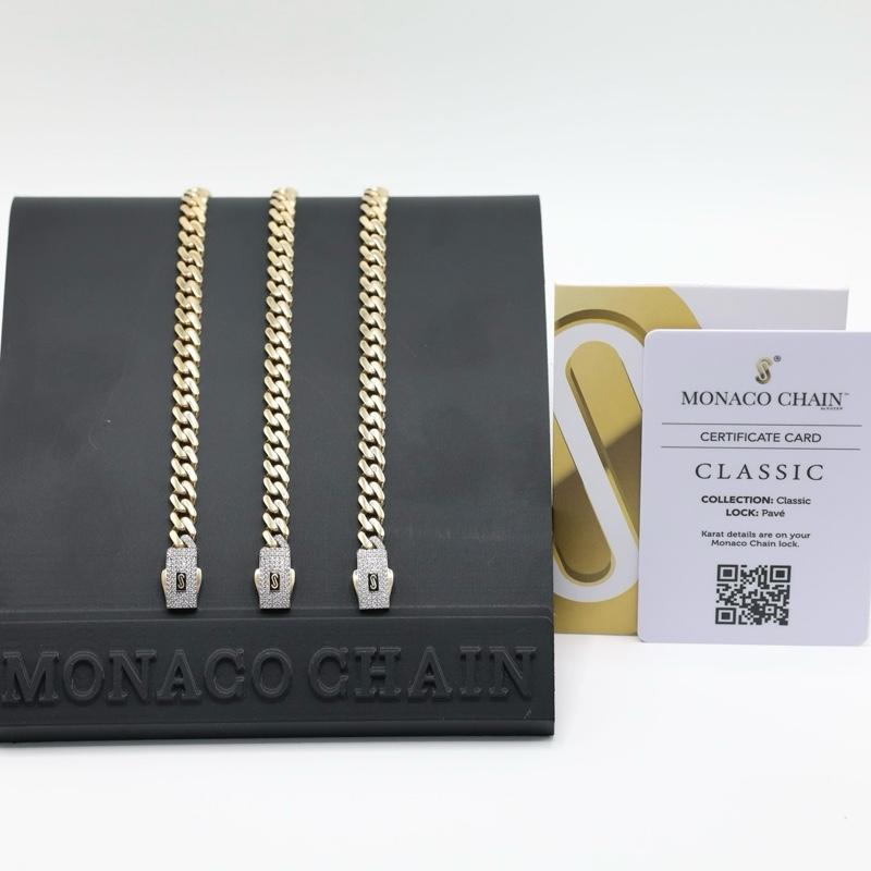14KT GOLD 6.5 MONACO CHAIN CLASSIC BRACELET CERTFIED - PAVE LOCK