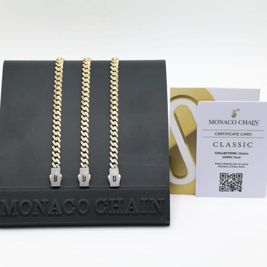 14KT GOLD 6.5 MONACO CHAIN CLASSIC BRACELET CERTFIED - PAVE LOCK