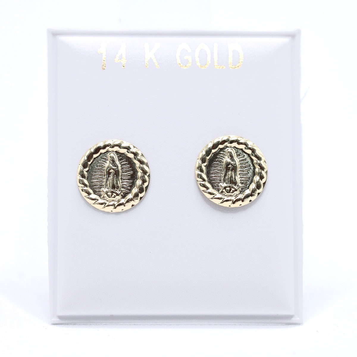 14KT GOLD ROUND VIRGENCITA WITH ROPE BORDER STUD EARRINGS