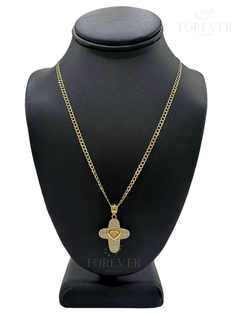 14K CROSS  PENDANT W/ CUBAN CHAIN