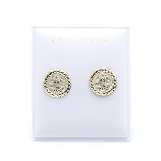 14KT GOLD ROUND VIRGENCITA WITH ROPE BORDER STUD EARRINGS