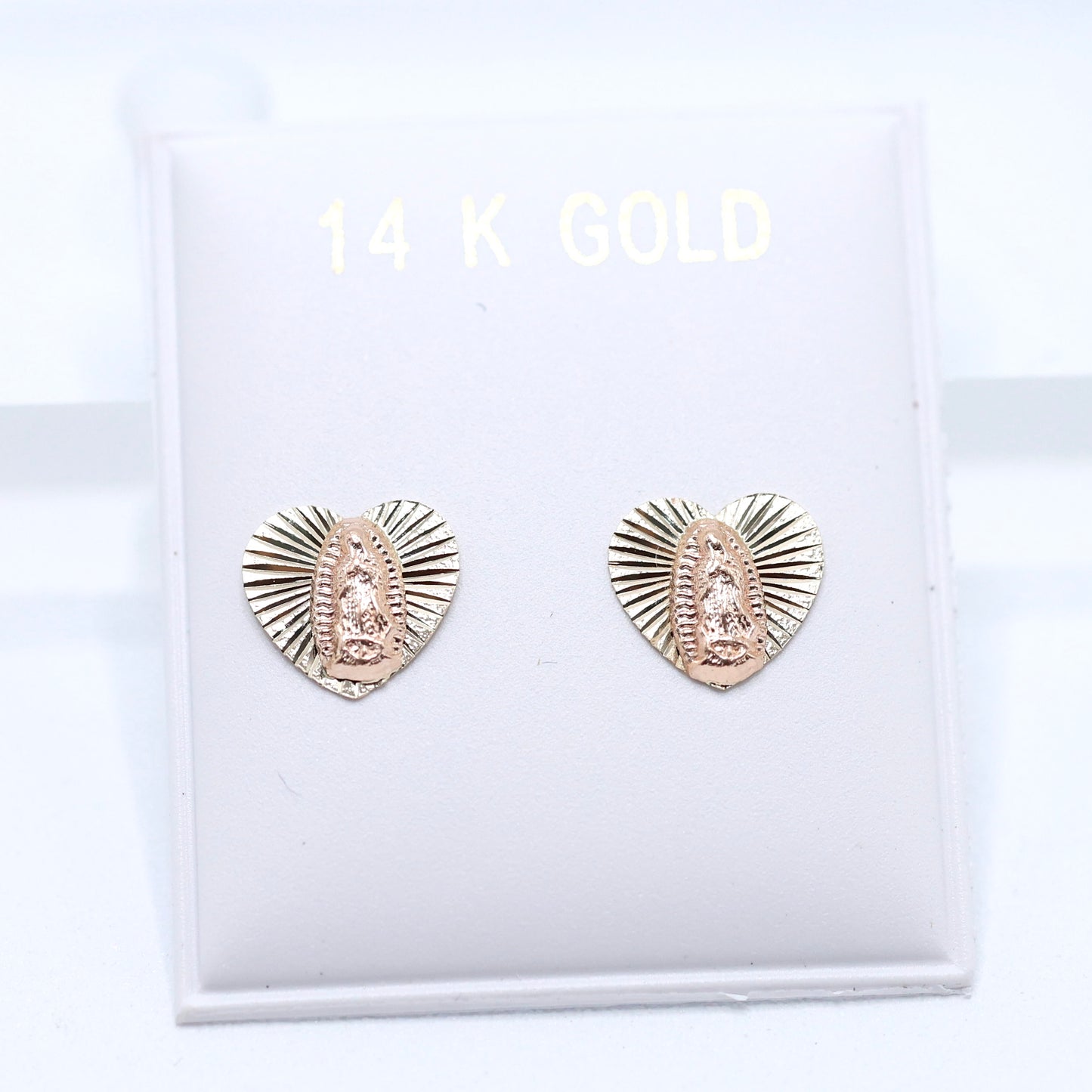 14KT GOLD 2 TONE HEART VIRGEN DE GUADALUPE STUD EARRINGS