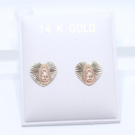 14KT GOLD 2 TONE HEART VIRGEN DE GUADALUPE STUD EARRINGS