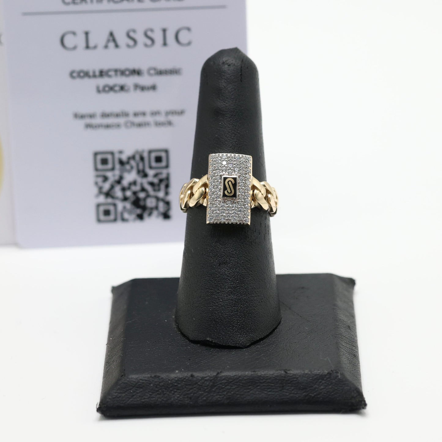 14KT GOLD MONACO CHAIN CLASSIC RING CERTIFIED - PAVE STYLE